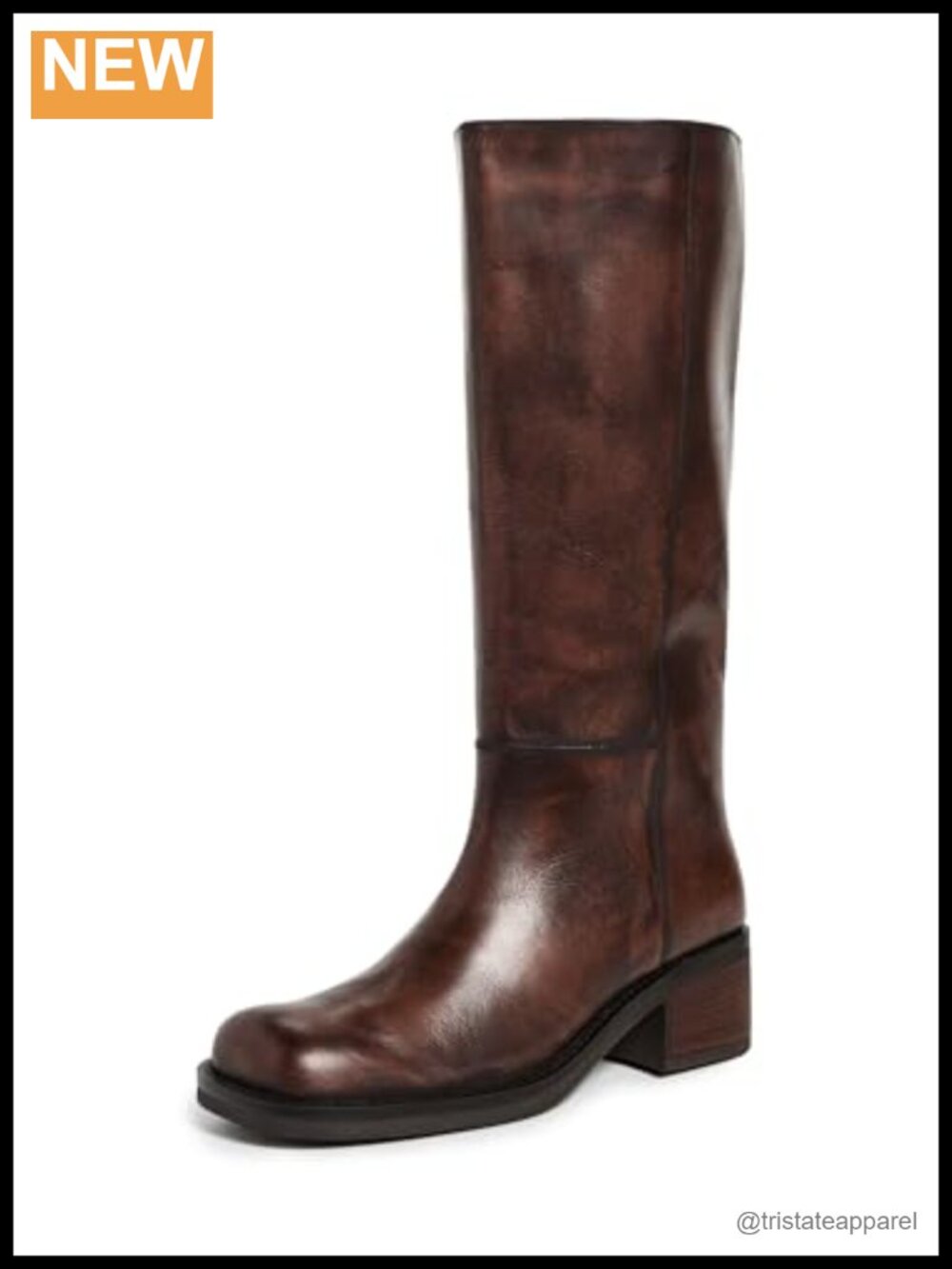 Distressed Leather Pull On Knee High Boots Block Heel Square Toe